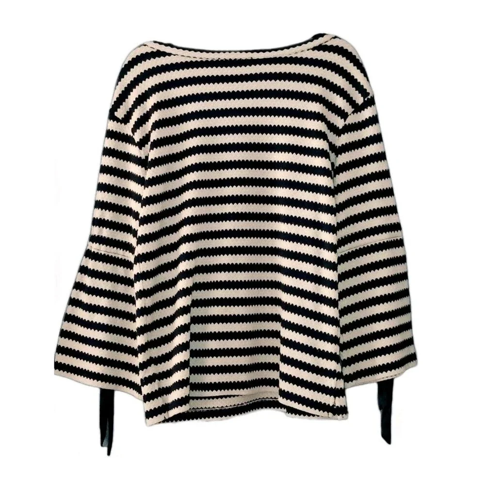 Sanctuary Breton Stripe Sweater L Black Cream Bell Sleeve Parisian Style